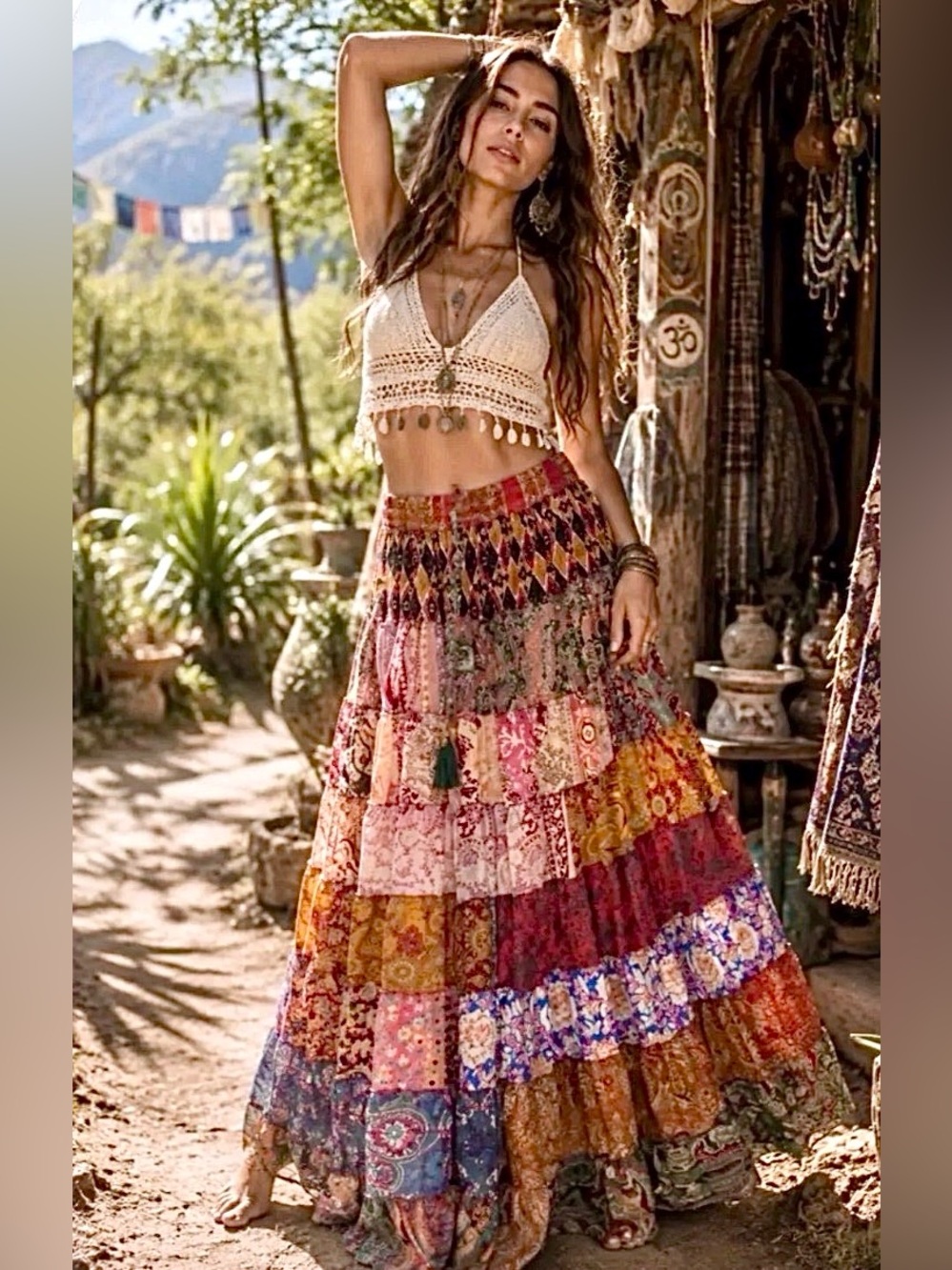 Boutique Boho Indie Patchwork Sari Silk Tiered Maxi Skirt - Multicolor NWOT OS